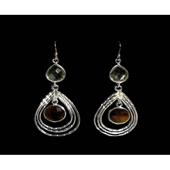 Bijoux indiens - Boucles d Oreilles argent, Oeil de tigre et quartz