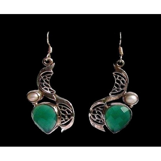 Indian silver jewellery - Indian green onyx Earrings,Indian Earrings