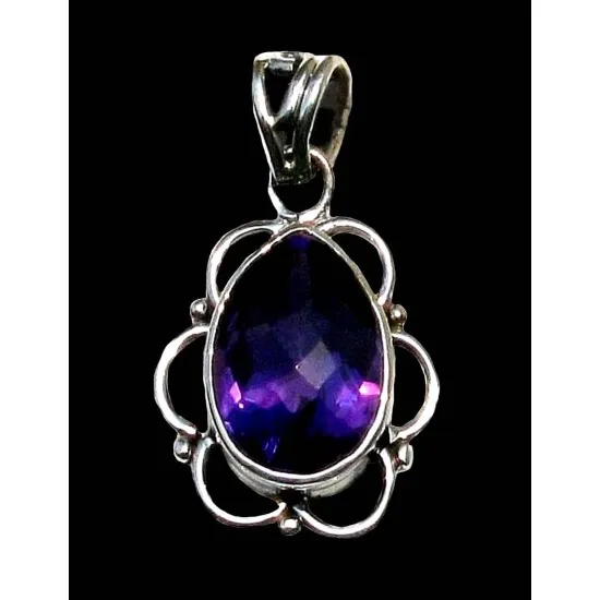 Pendentif Améthyste Avec Anneaux Métal – Bijou Occasion – Acier Inoxydable