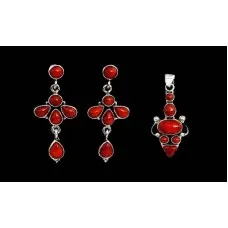 Parure Bijoux Indienne Femme - Collier & Boucles D'oreilles - Argent 925 Et Corail Rouge - Style Navajo