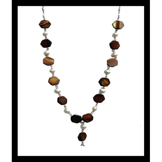 Magnifique collier artisanal en perles de culture et œil de tigre - Bijoux  indiens