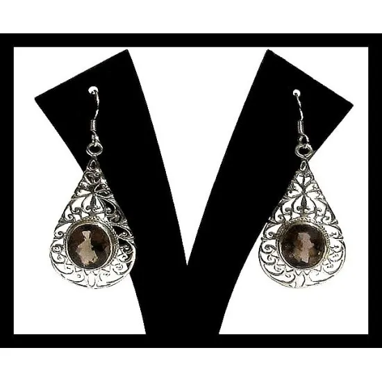 Indian Smoky Quartz Earrings (BO-QF-09) Earrings Indian Earrings engraved silver - handmade jewelry smoky quartz,Indian Earrings